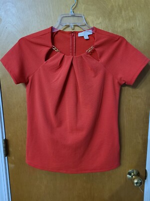 Michael Kors Red Textured Swiss Dot Blouse With Gold Chain Trim