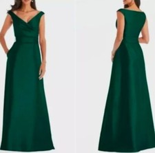 New! Alfred Sung D811S Hunter Green Off Shoulder Draped Wrap Satin Maxi Dress 4