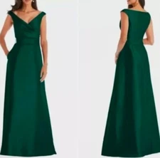 New! Alfred Sung D811S Hunter Green Off Shoulder Draped Wrap Satin Maxi Dress 4