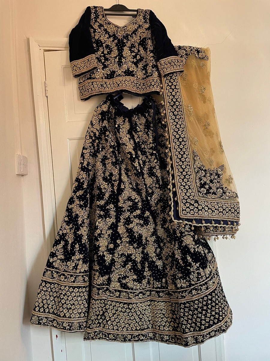 navy blue and gold pakistani dress Navy Blue Pakistani Sharara Style Georgette Embroidered Suit main image 1