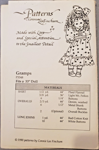 Connie Lee Finchum Doll Pattern P3348 Gramps Fits 33" Dolls Overalls Shirt Sew - Picture 2 of 14