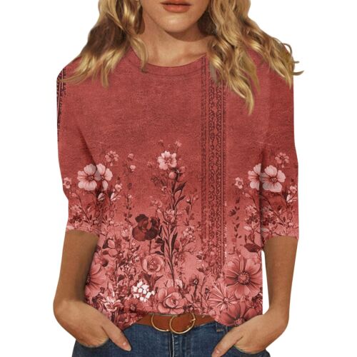 3/4 Sleeve Shirts For Women Cute Print Graphic Tees Blouses Casual Plus Size - Picture 2 of 48