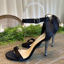 Betsey Johnson 10 M black satin stiletto sandals. rhinestone heels,  Bells  New