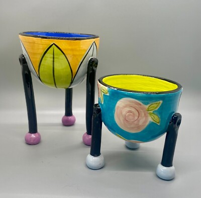 2 Signed Decorative Hand Painted B. Bwart Studio Art Pottery Pots Bowls Vessels