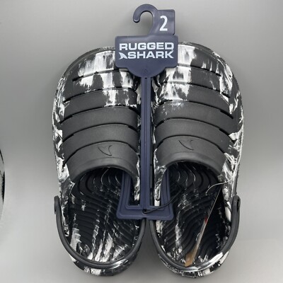 Sandals Rugged Shark Kids Size 2 Black White Lightweight Eva Clogs Heel Strap