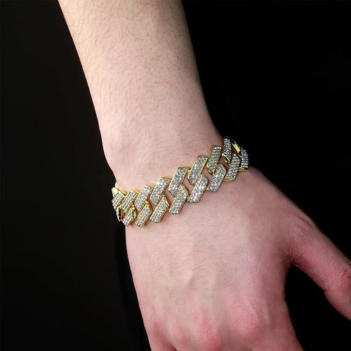 Cuban Link Bracelet Mens Iced Out Miami 14K Gold Plated Cubic Cubic Zirconia - Picture 4 of 4