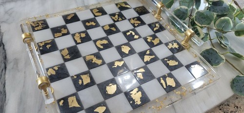 Handmade Gunmetal Black White Pearl Gold Resin Chess Board Pieces Set w/ Handles - Picture 5 of 5