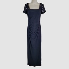 Betsy Adam Women's Blue Square-Neck Sequin-Sleeve Slit Gown Dress Size 6