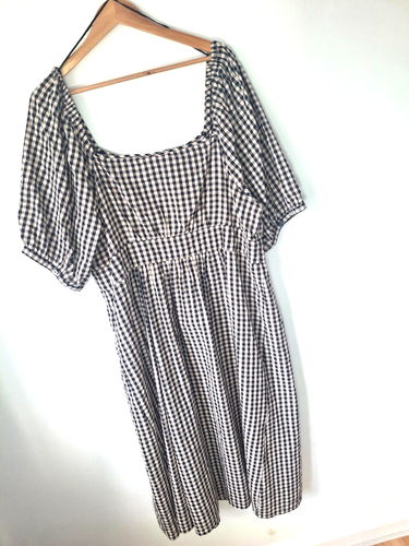 Monsoon Dress Uk 22 Taupe Maxi Checked Square Neck Short Sleeves Cotton NWT - Picture 11 of 12