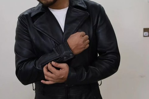 Men's Black Cowhid Leather Jumpsuit-Handmade Zip-up One-Piece Outfit With Pocket - Picture 6 of 11
