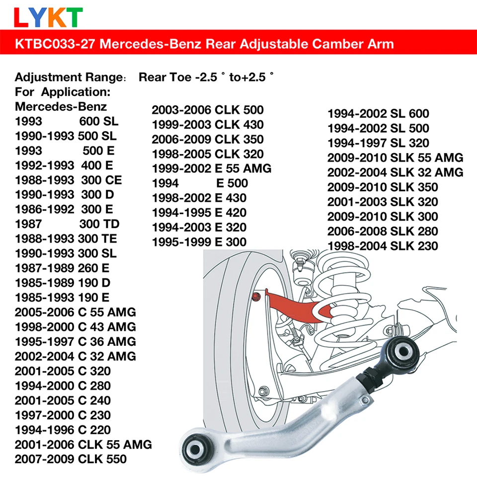 LYKT 2pcs Adjustable Arms Alignment Rear Camber Kit for Benz C、CLK、E、SL、SLK Foto 2 de 4