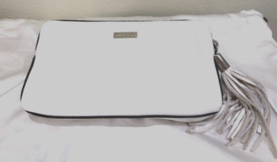 Milly Astor Pebble White Hand Through Leather Clutch  Silver Hardware Tassel 