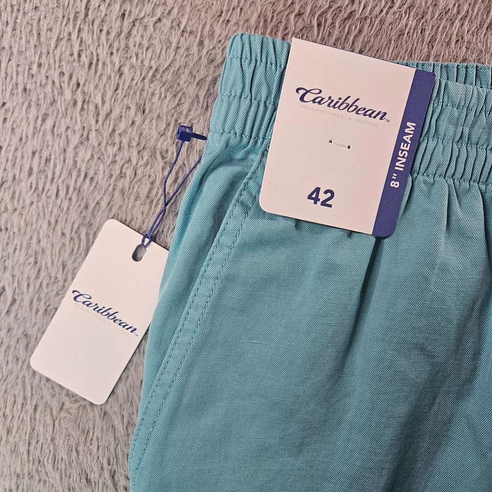 Nuevo con etiquetas Pantalones Cortos Caribbean Roundtree & Yorke Hombres 42 x 8" Algodón Lino Azul/Verde Foto 2 de 4