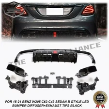 For 2015-2021 Benz W205 C63 C43 SEDAN B Style Led Bumper Diffuser+Exhaust Tips