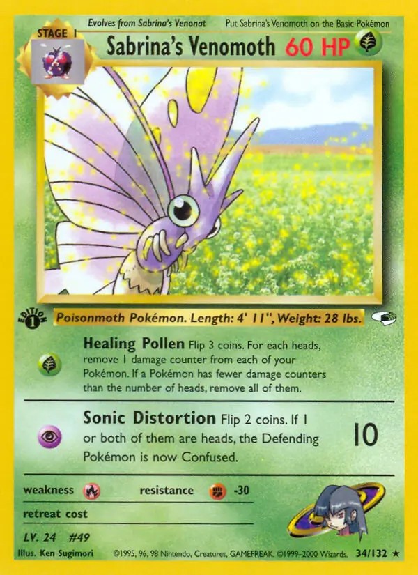 Sabrina's Venomoth - 34/132 - Pokemon Gym Heroes 1st Edition Rare Card WOTC NM
