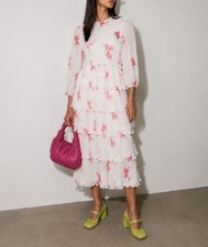 Ganni Midi Dress White Pink Floral Ruffle Tiered Skirt Puff Sleeve Size XS
