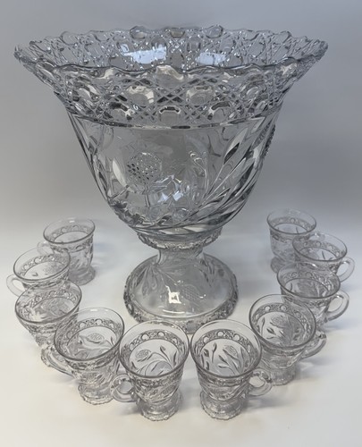Cambridge Wild Rose Clear 14” Punch Bowl 12 Piece Set. 10-cups. Vintage