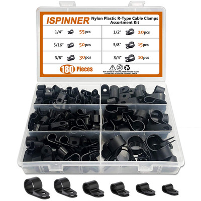 ISPINNER 180pcs R-Type Cable Clamps Nylon Wire Clips Assortment Kit