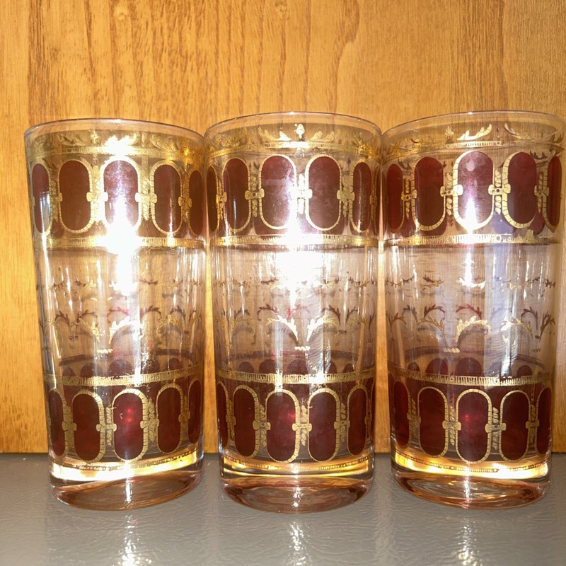 Vintage Culver Majorca Cranberry Red 22k Gold Scrolls Highball Glass Tumbler 3