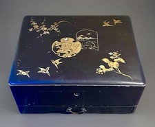 Scatola portagioie giapponese lacca nera supporto motivo Fuji uccellini fiori di ciliegio dorato