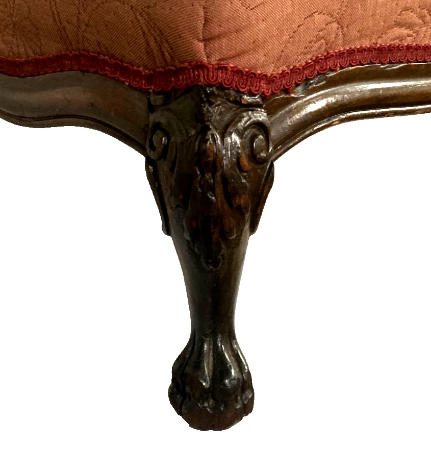 Antiguo reposapiés de banco tapizado de madera maciza otomano con patas de garra de colección - ¡Raro! Foto 3 de 4