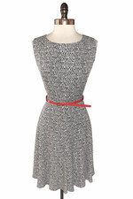 JESSICA HOWARD Size 14 A-Line Dress Black White Sleeveless Red Belt Stretch Knit