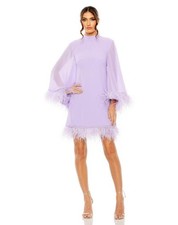 Mac Duggal Lilac Purple Long Sleeve Feather Trim Trapeze Minidress Size 4 $598