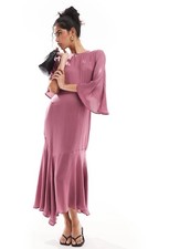 ASOS satin flutter sleeve asymmetric hem midi dress in plum NEW with TAGS
