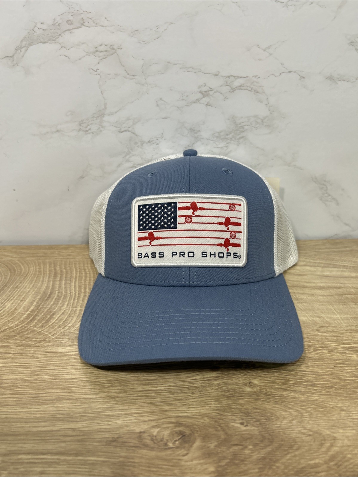 Bass Pro Shops Fishing Rod Flag Mesh-Back Snapback Cap Light Blue Hat New