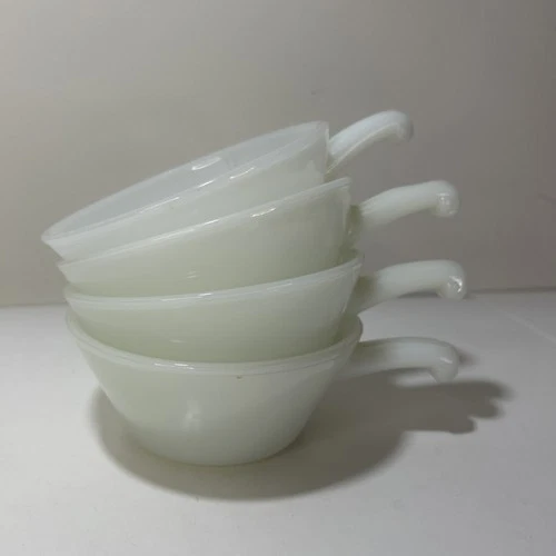 4 Vintage Anchor Hocking Fire-King White Milk Glass Soup Chili Bowls with Handle