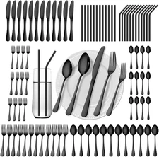 84 Pieces Black Silverware Set Service for 12 Flatware Set with Straws Stainless
