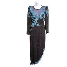A.J. Bari Vintage Black Tie Beaded Silk Asymmetric Gown 4 Black Event Formal