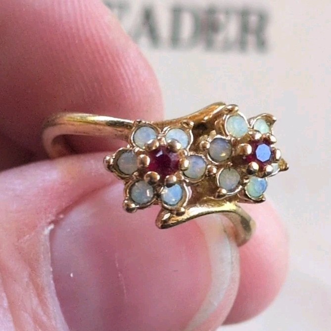 Vintage Aurora Jewelry Co. 18K HGE Butterfly Cocktail Ring – Opal & Ruby Tones