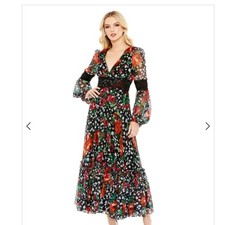 Mac Duggal #11402 Floral Maxi Dress Black Red Rose Lace V-Neck Long Sleeve $598