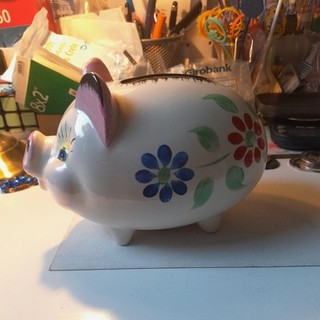Dendan Ware Vintage Ceramic Handpainted Piggy Bank with Blue Jewelled Eyes