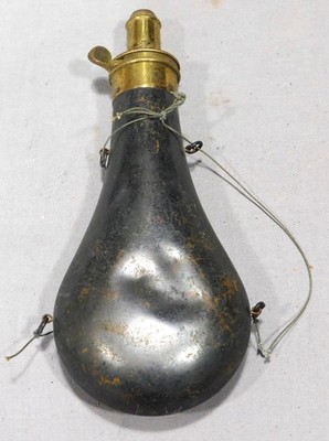 Antique Japanned copper Black Powder Flask Brass Adjustable Charger Dixon Type