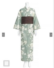 Japanese Yukata Set Jasmine Peony Floral Kimono Green Obi F Size Cotton DDP USA