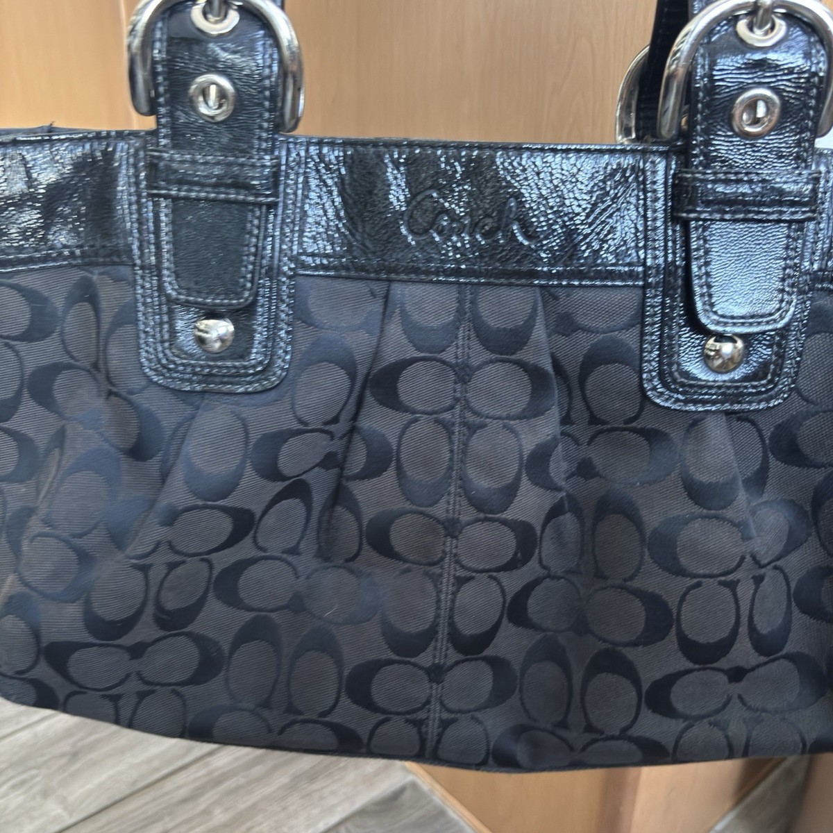 Coach F13742 Black Signature Soho Pleated Tote Purse Handbag for