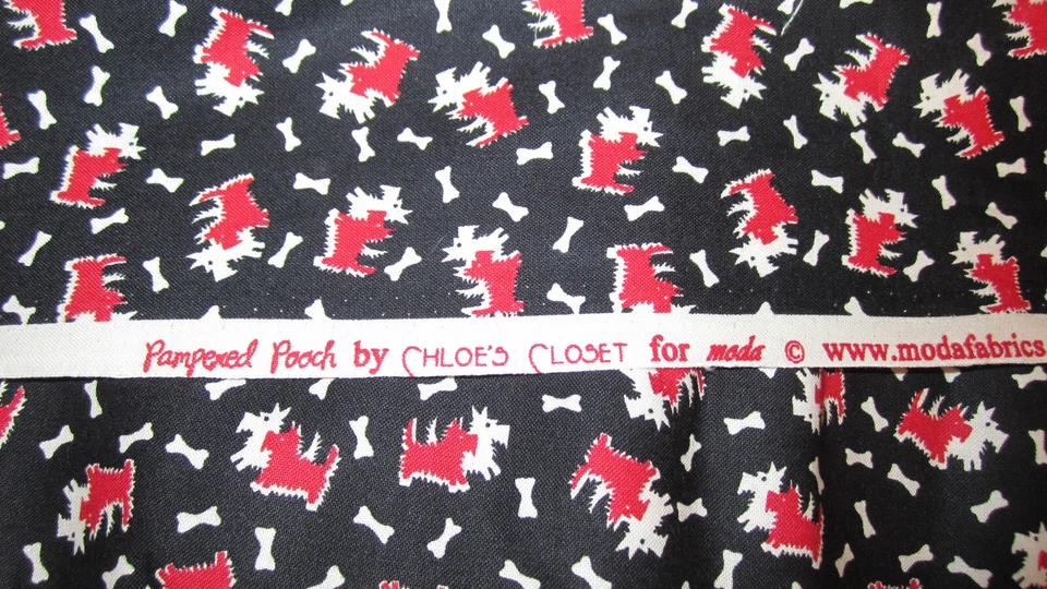 Vtg Pampered Pooch Cotton Fabric Red White Scotties Bones on Black BTYx 44 - Image 2 of 4