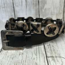 The Limited Womens Black Leather Belt Geometric Silver Shapes Made in Italy