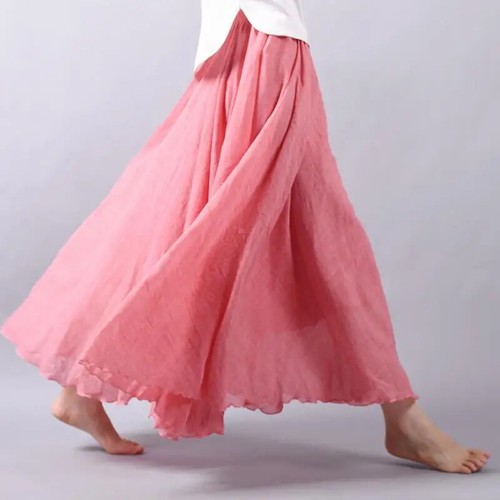 Women's Elegant High Waist Linen Skirt Casual Elastic Waist 2 Layers Skirts - Bild 21 von 44