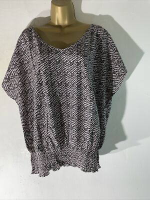 Womens M&Co Plus Size Uk 20 Black Mix Pattern Relax Fit Casual Jersey T-shirt