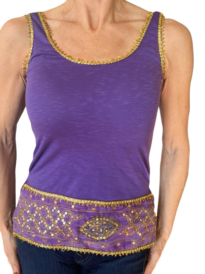 MOSCHINO JEANS MORADO MUJER CAMISETA SIN MANGAS LENTEJUELAS DORADAS ALGODÓN XS Foto 4 de 4