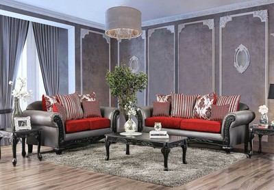 New Traditional Living Room Wood Trim Gray Leatherette Red