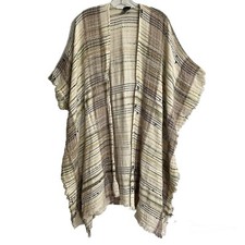 Cejon Kimono Oversized Open Cardigan Wrap One Size Cream Multicolor Fringe Boho
