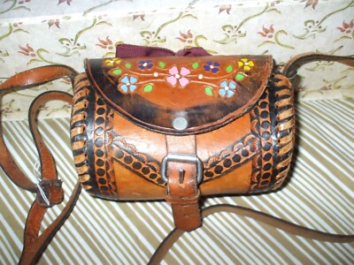 Vintage leather handmade & painted pink yellow blue floral hippie shoulder bag