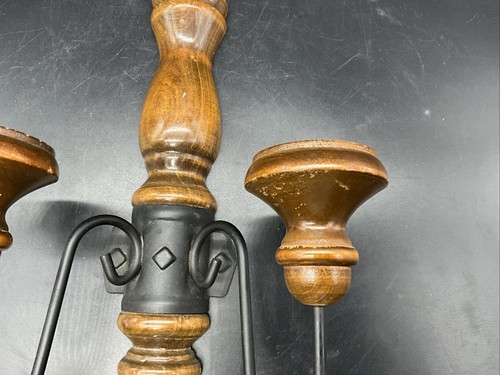 VTG Black Metal And Wood Wall Sconce Double Candle Holder MCM - Picture 6 of 13