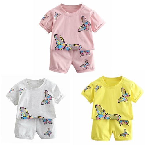 Baby Mädchen Sommer Casuit Outfits Schmetterlingsdruck T-Shirt Top elastische Shorts Set - Bild 1 von 9