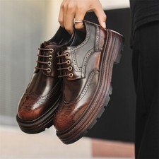 Mens Lace Up Carved Brogues Thick Soled Formal Dress Business Shoes Real Leather