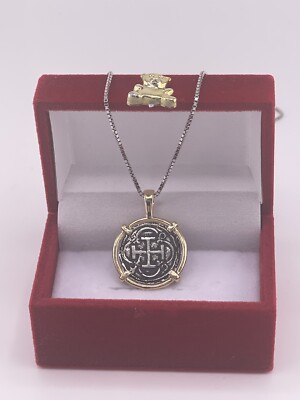 Replik ATOCHA Silber Münze Anhänger in 14k Gold Einfassung Handarbeit aus Atocha Silber